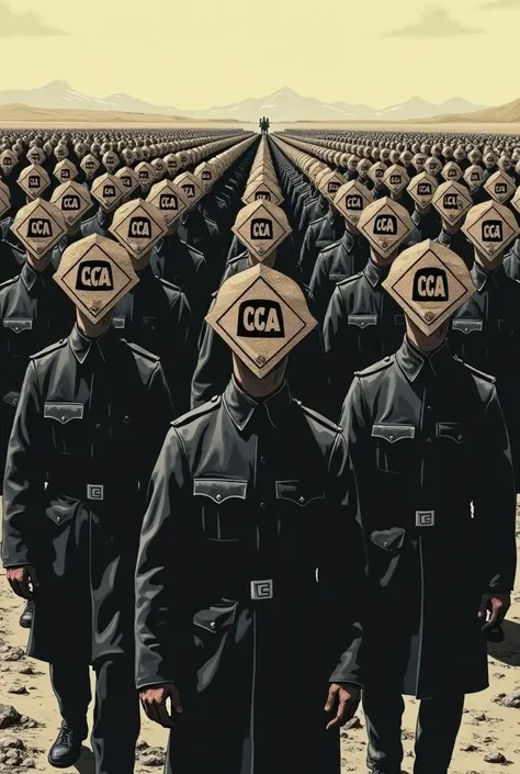 An army of men with the head of the Comics Code Authority label 