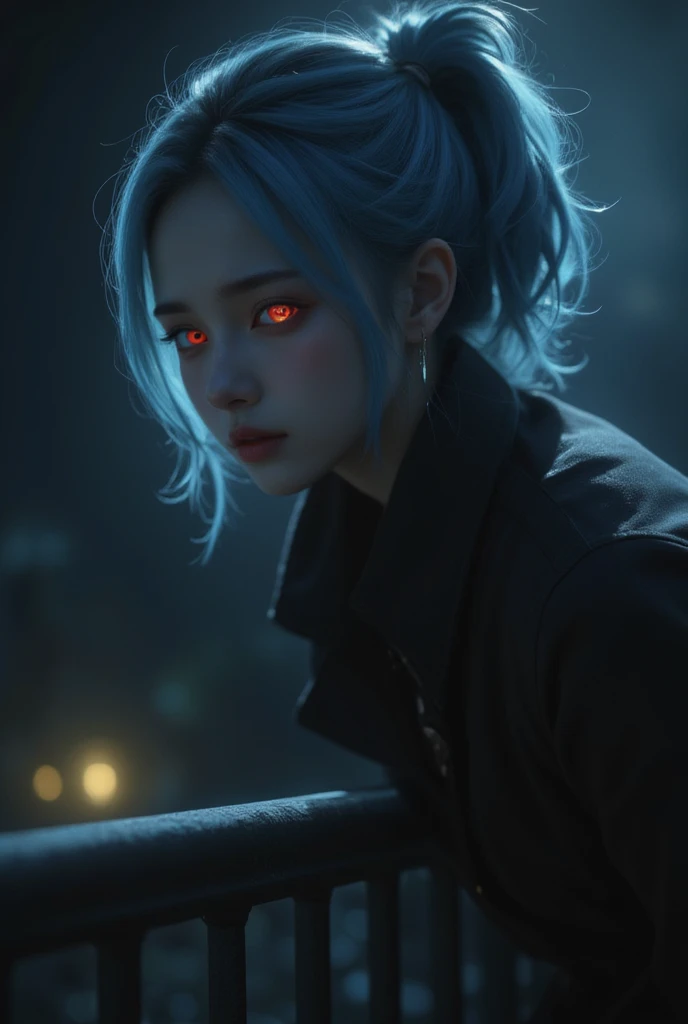 sc,a girl from League of Legends, Jinx, has blue hair, red eyes, and a dim yellow light shining on her face. Looking into the distance from a metal bridge, she crouches on the bridge railing, with a hint of sadness on her face and a tear at the corner of h...