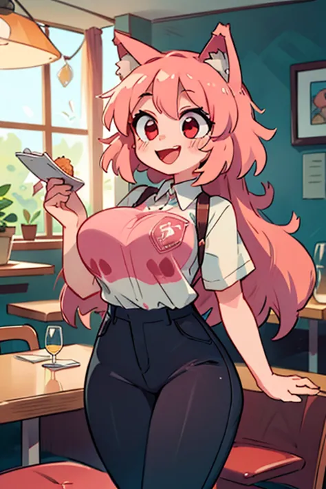 pink hair, wolf ears, red eyes, big thighs and busty with black pants and a granca shirt in a restaurant as a waitress laughing