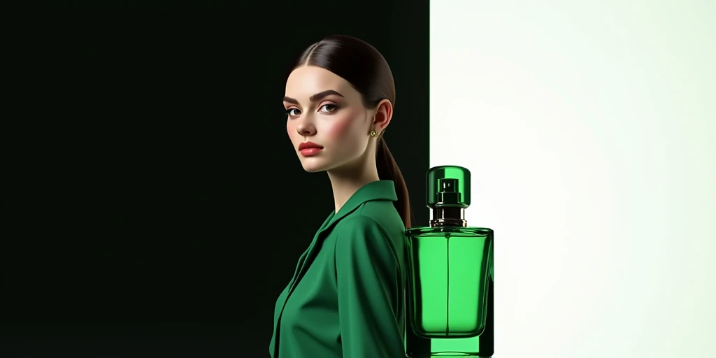  Fashion lady left-sided and green Parfum Bottle right-sided on black and white gradient background 