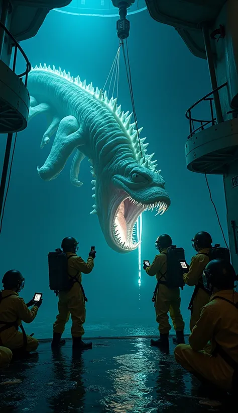 hyper-realistic photograph of a grotesque bioluminescent sea monster, its translucent body revealing glowing internal organs and razor-sharp spines running along its spine, as it thrashes wildly while suspended by a reinforced crane on a state-of-the-art o...