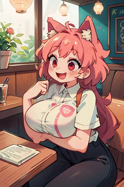 pink hair, wolf ears, red eyes, big thighs and busty with black pants and a granca shirt in a restaurant as a waitress laughing