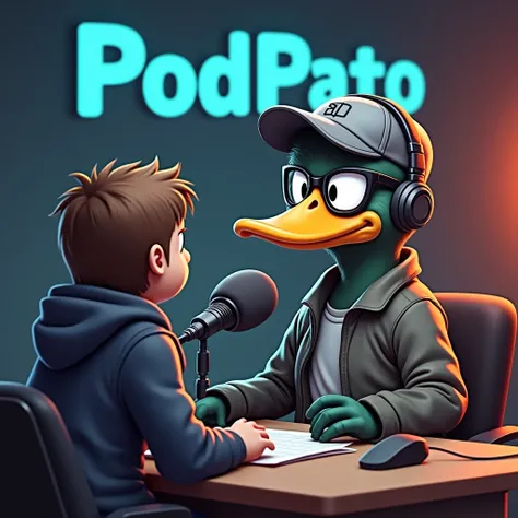  A duck wearing a jacket and dark glasses with a cap making a podcast with a microphone on the table interviewing a person, with a studio background and the name PodPato on the back with blue letters above the one on the table 