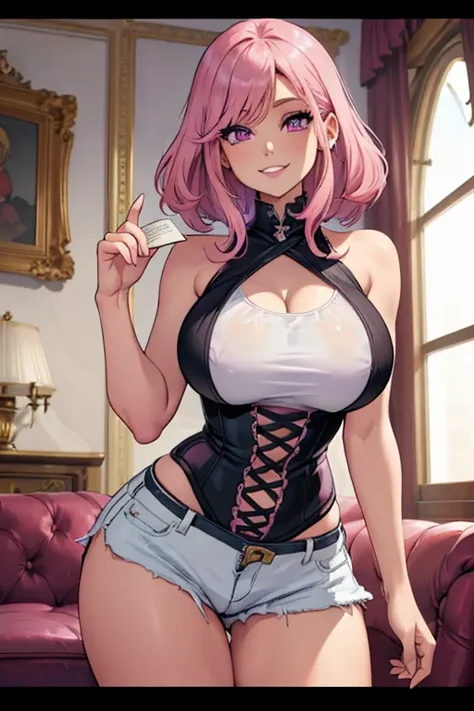 Perfect face. Perfect hands. A pink haired woman with violet eyes with an hourglass figure in a lacy crop top and short shorts is smiling while reading in a Gothic living room