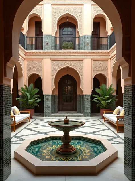 Moroccan architecture, middle home curt , fountain with islamic type , indoor curt elevation with islamic Moroccan architecture, daylight, seats on the north side