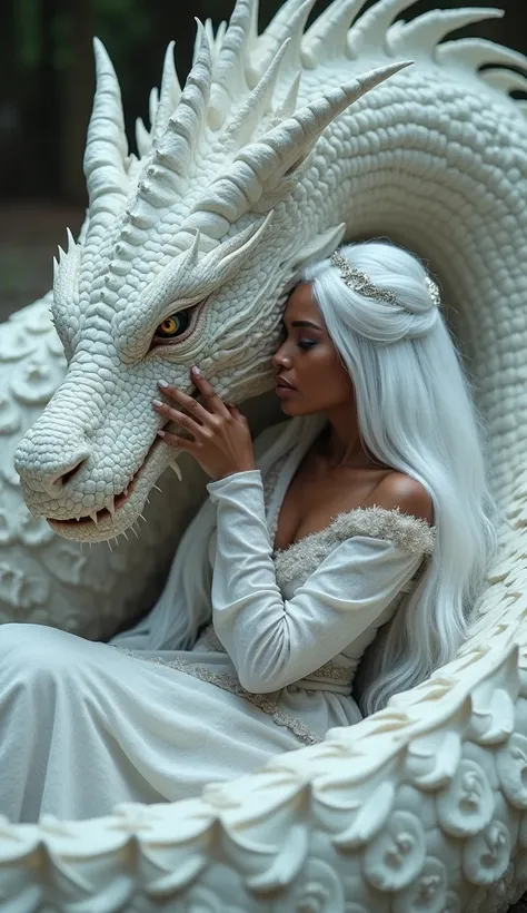 cinematic photo . A beautiful femme  noire américaine queen  with long, flowing white hair, dressed in Targaryen dress tenue Targaryen and lovingly stroking the head of a giant majestic white dragon adorned with shimmering, iridescent scales, the two gentl...