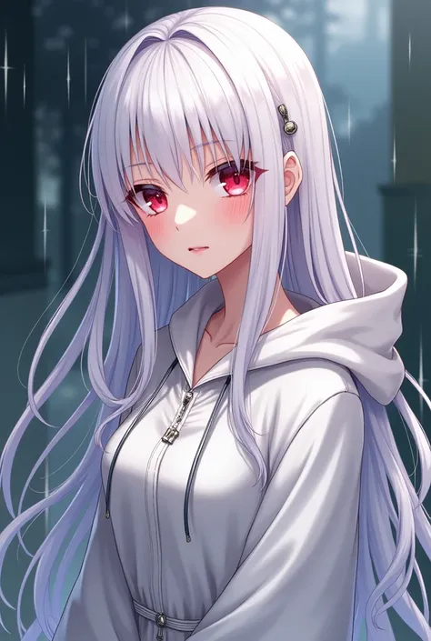  An anime-style girl,  white hair, pale skin, red eyes,  pink cheeks and lips , He is wearing a raincoat with a white poncho,  the girl is an adult and curvy , generic anime style  