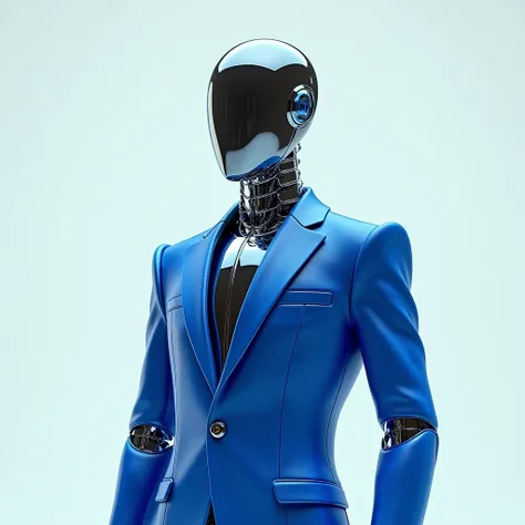 Create a Titanium Man, chromed,  to promote a closed channel brand,  he wears a blue suit , has no face
