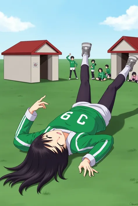  A woman with long black hair wearing a green sweater with white stripes on the sides of her arms and legs .  The sweater has the number “6” printed in white on the left side of her chest the woman is lying on the floor standing with more players wearing t...