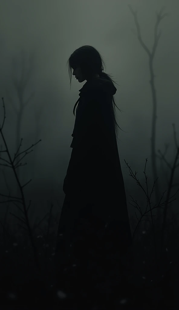 Make a black silhouette of a character but he is looking ahead, behind him a landscape of darkness and sadness