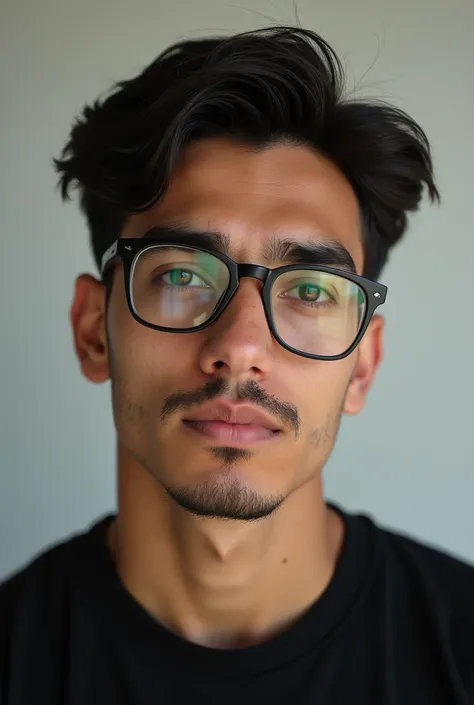 Create real photo 25-year-old Latino man black eyes big eyebrows aquilena nose eyeglasses full face round black shirt short jaw thick lips wide nose with glasses