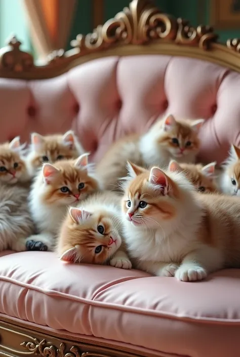 A LOT OF LONG DENSENLY FURRED WHITE AND BROWN MIXED KITTENS SITTING ON A SATIN PALE PINK COQUETTE SOFA, IN A ROYAL COQUETTE HOUSE. A LOT OF WHITE AND WHITE AND BROWN MIXED KITTENS.