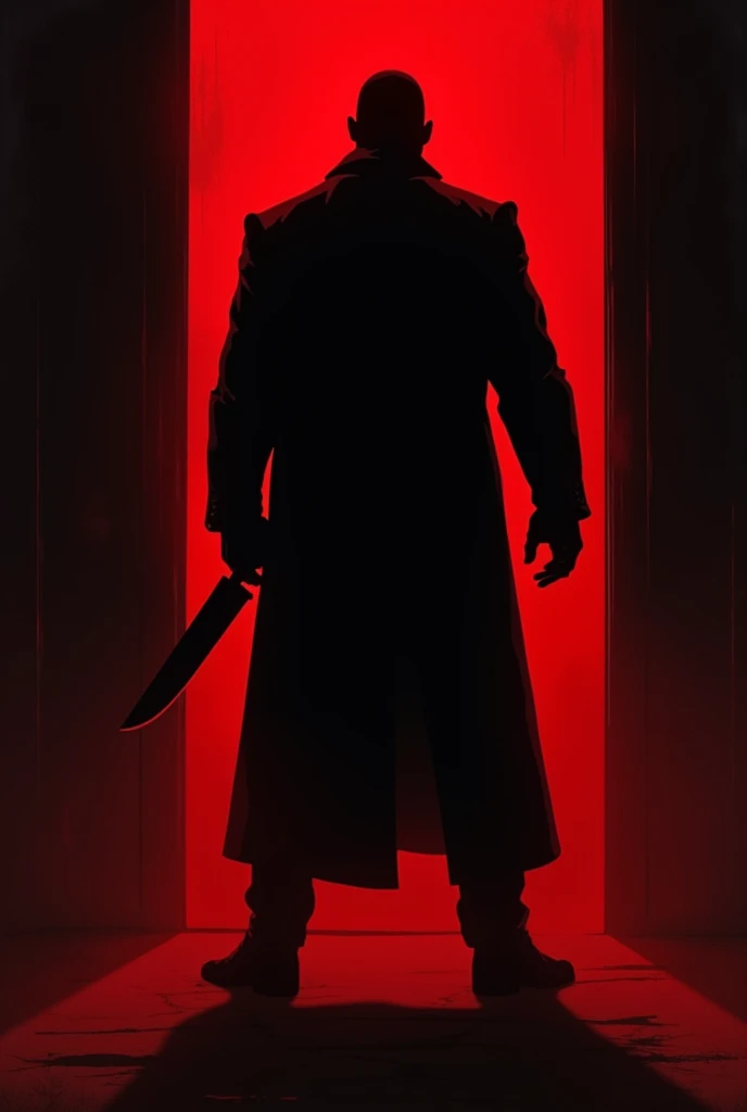  Black silhouette of a man with his back,  the man outlined in a red glow, holding a knife