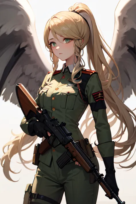 masterpiece, best quality, leanne, wings, soldier uniform, ponytail, warzone, holding a gun, ak47, cowboy shot, dirty, shooting