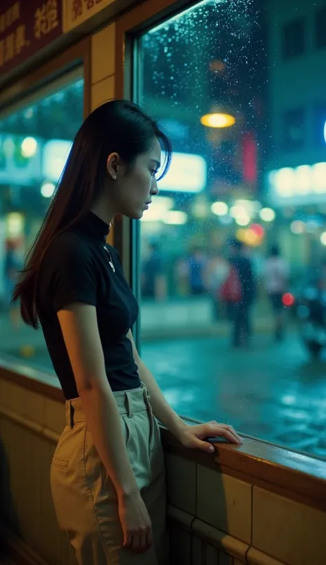 Professional Photography, Wong Kar-wai,  Charming sad Oriental beauty wearing a retro top and retro khaki pants,   She has long messy straight hair  , She is looking down,   is leaning against the corner of the restaurant  , The window with raindrops , Set...