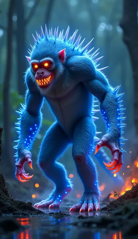 In the heart of the burning swamp, the once small and agile monkey has undergone a stunning transformation. Now towering in size, its muscular body is covered in thick fur that shimmers with an eerie blue glow. From its broad shoulders and powerful back, s...