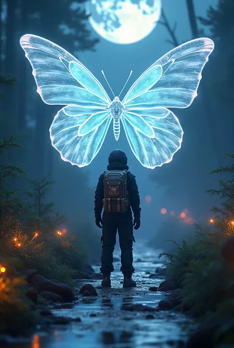 (Best Quality) Night)) Moon, ((Astronaut in beautiful black suit standing in front of a giant butterfly, butterflies spread their huge wings, sparkling under the moonlight, a stream full of stars flows in front of him)), sparkling stream,, (Astronaut backp...