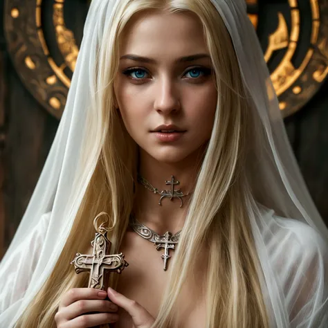 arafed woman in a white dress holding a wooden cross, a portrait inspired by Luis Royo, unsplash, renaissance, karol bak uhd, in style of luis royo, style of luis royo, as a medieval fantasy character, medieval style, a sexy blonde warrior, long blonde fla...