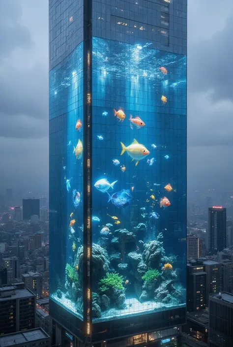 (masterpiece:1.2),(Best Quality),(Super detailed),(  Ultra High Definition),(  photorealistic),(  RAW Photos),16k, wallpaper,  close-up of a skyscraper composed of multiple LED screens , Aquarium fish are depicted on all LED screens  ,progressive,  Install...