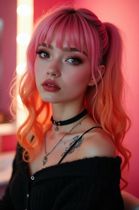 Ultra-realistic, masterpiece, ((Ultra detailed background, Intricate details)), best quality, Intricate details, Chromatic Aberration, woman, 20 years old, in a beauty salon, pink and orange split color hair, goth, lipstick, tattoos, bangs, curly hair, eye...