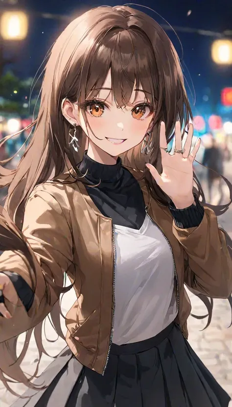  one girl, Ahoge, bangs, black  skirt, black sweater, Blue Claws, Blurred, Blurred background, Chest,  Brown Eyes ,  brown hair, brown  jacket, Shut up, day付付き, day,  the depth of the written boundary,  earrings for a woman alone,  eyelash ,   raise your h...