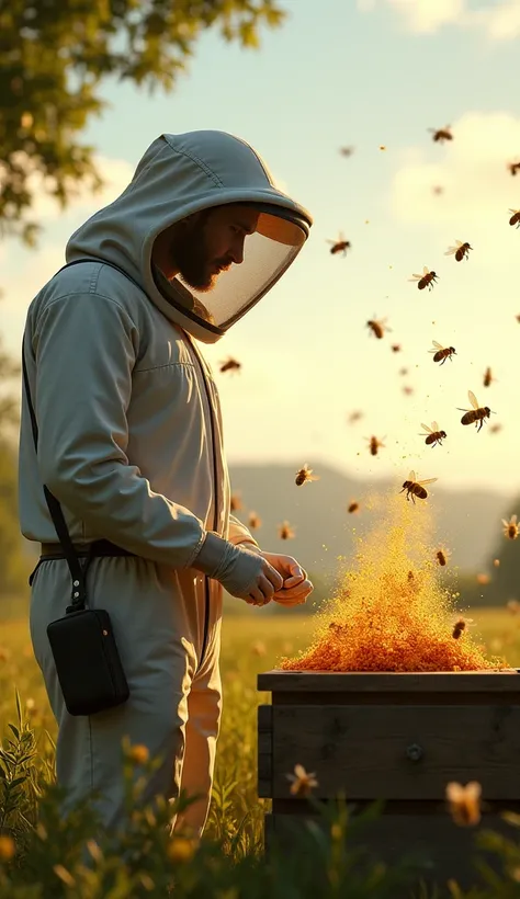 Create a realistic image of a beekeeper watching a hive with natural honeycombs as bees fly around,  hyper realistic cinematic style 9 :16 