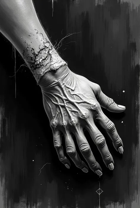  Make an image of a human hand of a man , Reseca , That was cut a long time ago,  was quite disgusting to see , And this one cut by the wrist .  That it is on a velvet painting.  In black and white Marvel comic style 