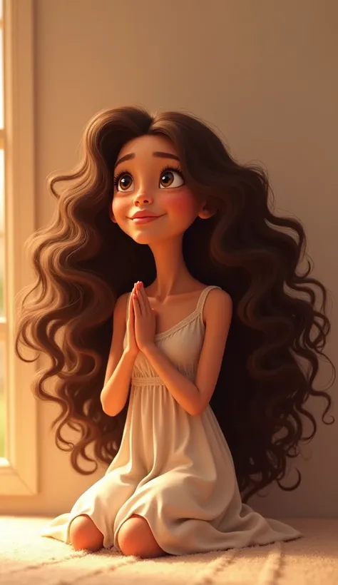  one with long, curly chocolate colored hair , Disney Pixar style . This one is praying to Jesus  