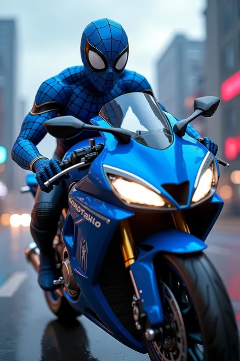 Blue spider man with Kawasaki ninja h2r