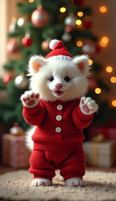 Create an adorable image of a cute white tabby panda standing on its hind legs, dressed in a festive Christmas outfit. The panda is wearing a cute Christmas-themed outfit consisting of a red sweater, matching pants, and a festive hat with a pompom on top. ...