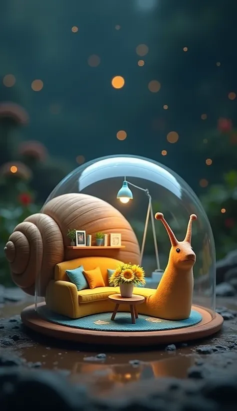 "Create a highly detailed and whimsical digital artwork of a snail with a transparent glass shell transformed into a miniature, cozy living room. The snail should have a realistic body with a light brown, slightly glossy texture. The glass shell must be cl...