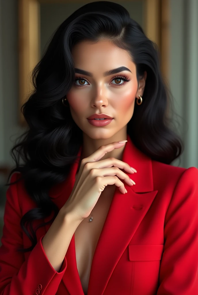  a tall businesswoman , 25 years, 1,60 tall, 58 kilos, with curly black hair, And very long they go around the waist , linda, elegant and sophisticated in formal clothes in the color red and trendy.  She must have her mouth shut , beautiful makeup,  her ha...