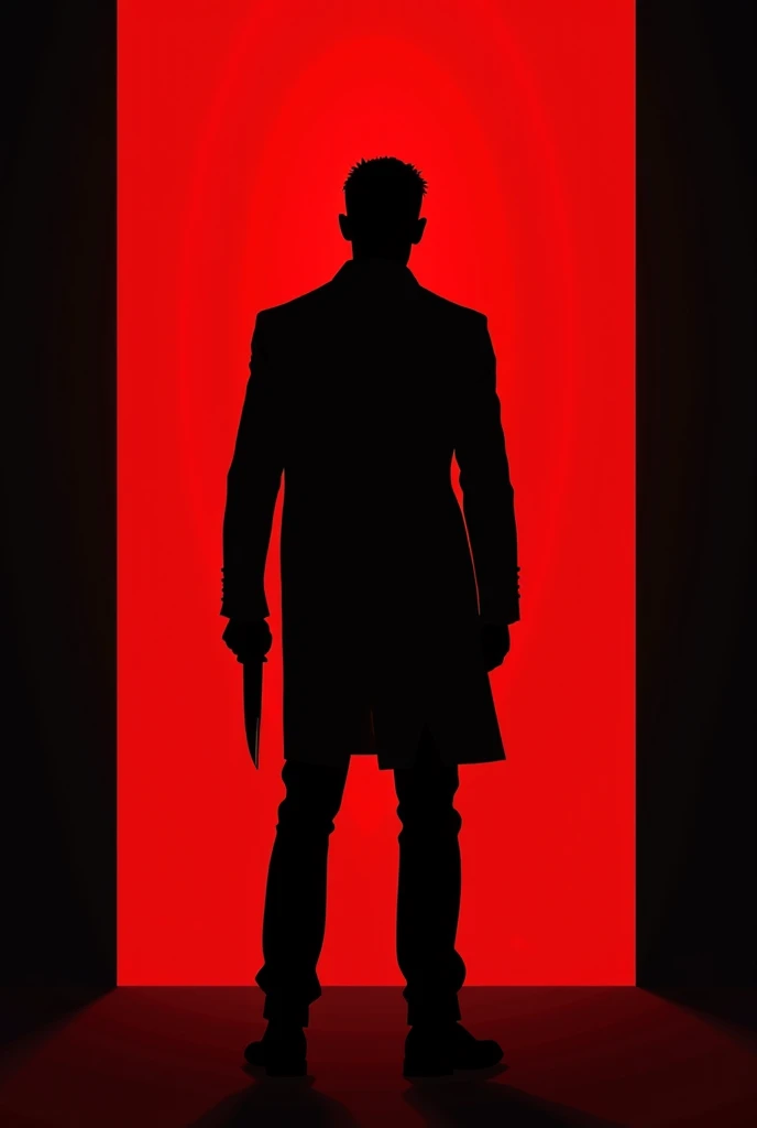  Black silhouette of a man with his back,  the man standing in a bright red outline, wielding a normal knife 