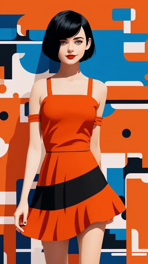  Create a flat illustration of a realistic female character with a black bob cut, striking blue eyes, and red lips. She is wearing a dress featuring an orange ruffle off-the-shoulder top, showcasing her bare shoulders. The character has a warm smile, exudi...