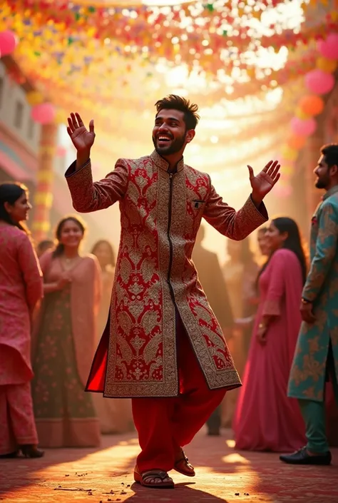 Babar Azam crickter dancing joyfully in a colorful kurta at a vibrant desi wedding."