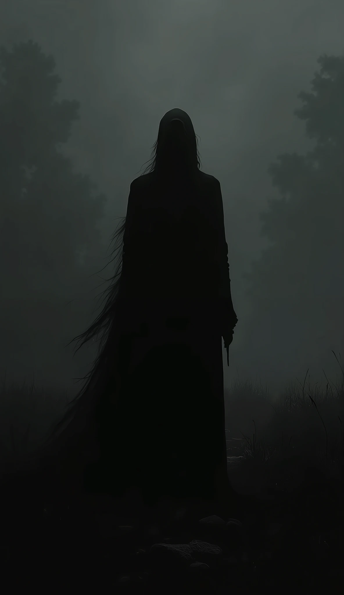 Make a black silhouette of a character but he is looking ahead, behind him a landscape of darkness and sadness