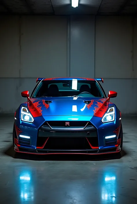 Blu colur nissan gtr with red flame tatto  leave in a garage

