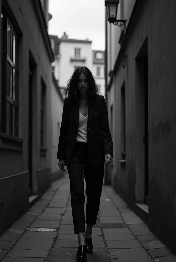 Photo d’une femme brune de dos qui marche dans une petite ruelle avec un ciel sombre, sachant qu’elle porte un pantalon large en bas et un blazer en haut 