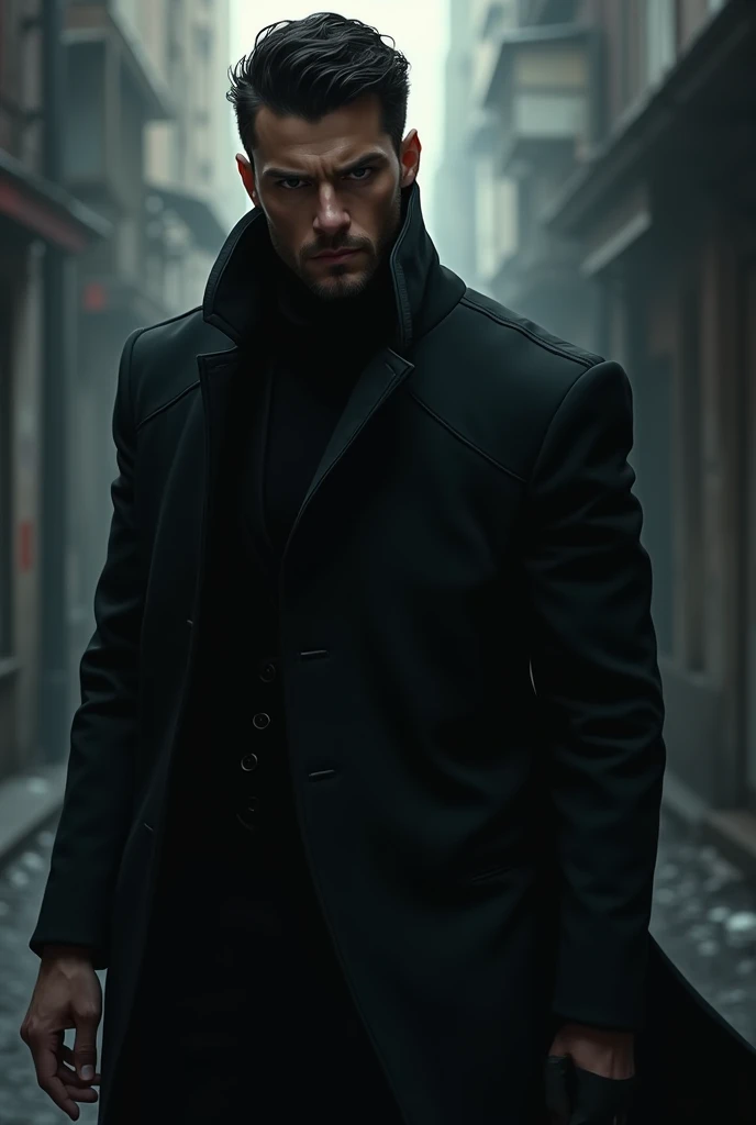 Make a 2d male character with a black overcoat