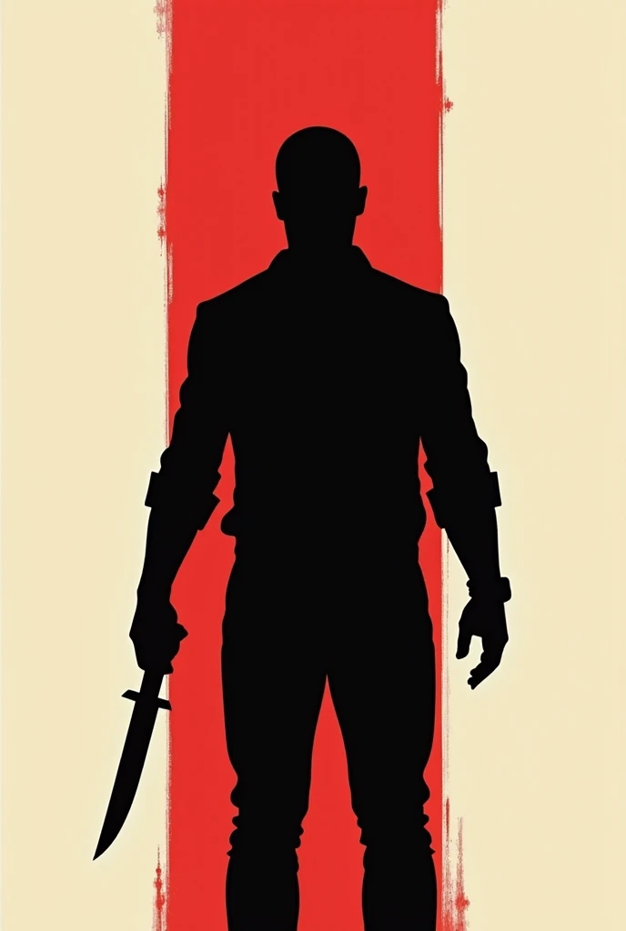  Black silhouette of a man with his back,  the man standing in a bright red outline, holding a normal knife forward 