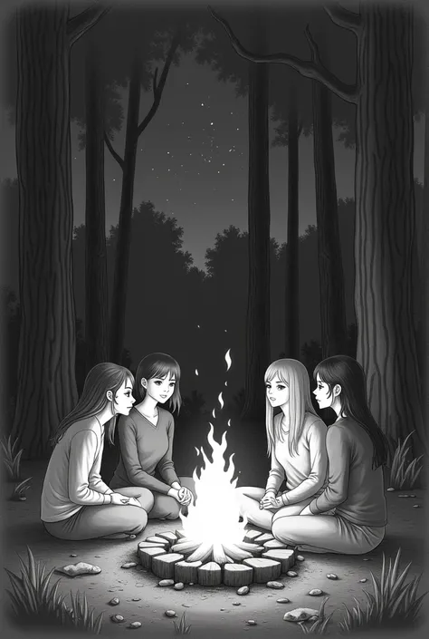 Make a black and white image of four female friends around a campfire in the woods and make the image look like it was drawn in pencil