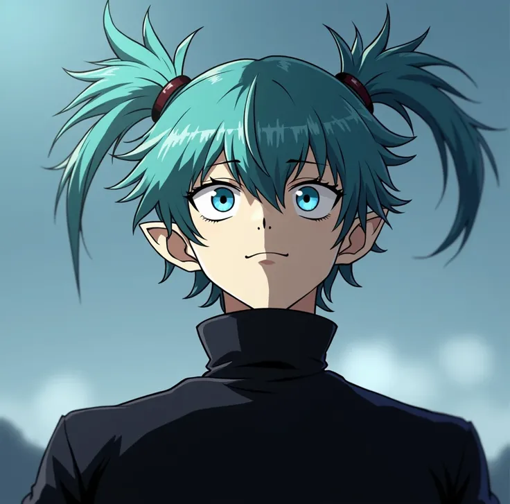  Create a half-body of a male character with aquamarine hair,  two short tall pigtails , bangs over the face , pale skin, blue eyes and pointy ears . Anime style Boku No Hero Academia