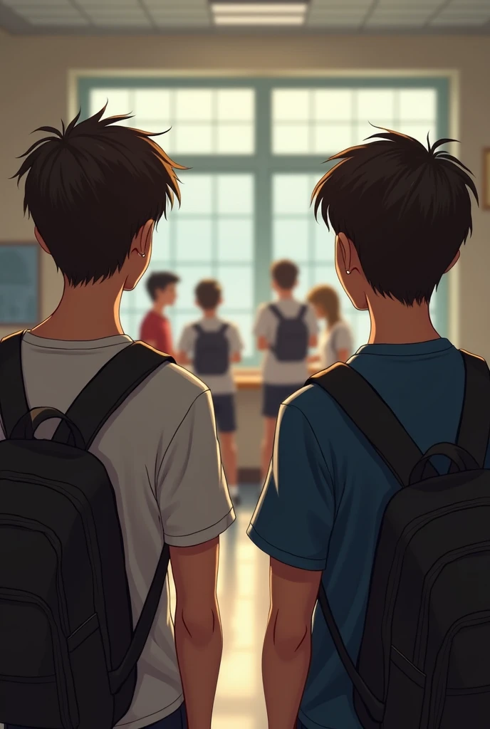 Two 16-year-old men at school look at a group of s 