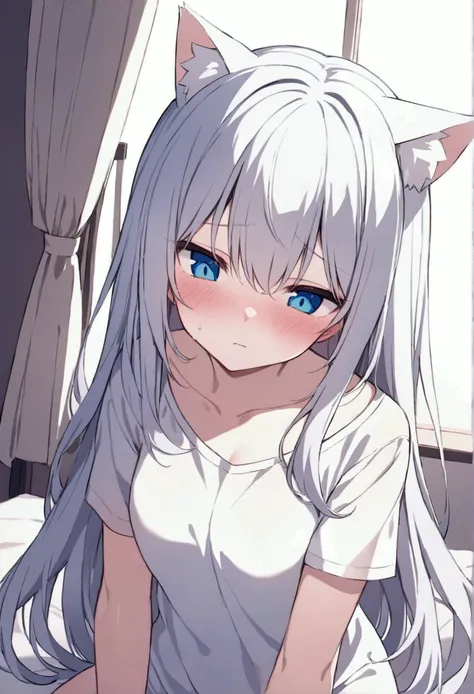 cat girl on bed, with white long hair, blue eyes, shy, naughty, dressed white t-shirts