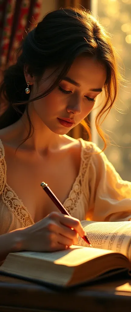 a beautiful woman writing in a book, detailed facial features, intricate book, warm lighting, golden hour, oil painting, cinematic composition, vibrant colors, dramatic shadows, fantasy, ethereal, analog film grain