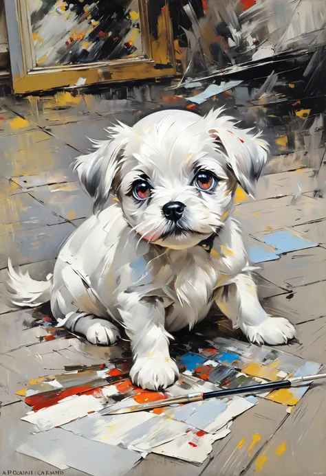 White and gray puppy sitting on the ground, enlarged eyes, cartoon, palette knife, Art Giovanni Boldini, Oil Painting Alla Prima,