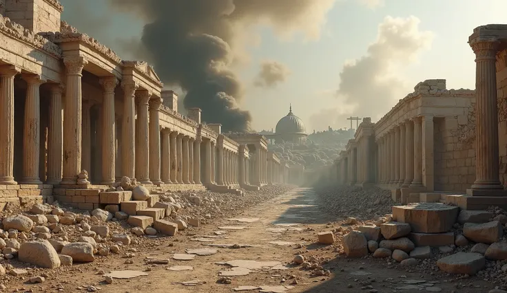 Jerusalem , an ancient city,  with broken walls and smoke in the background,  ruins with temples from ancient times symbolizing destruction.