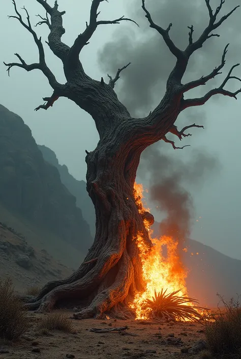 Make a realistic dry tree being cut in half and thrown into the fire 