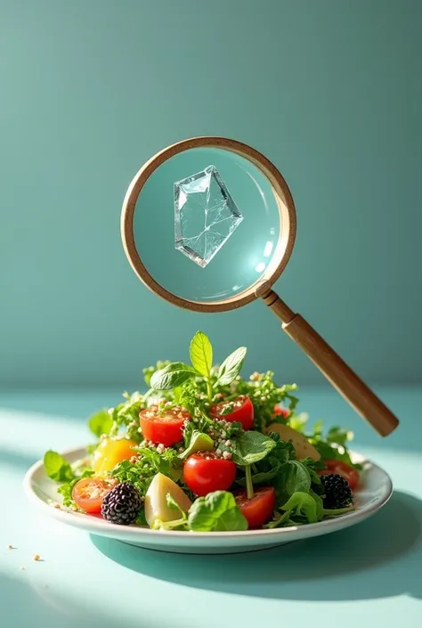  A salad with a magnifying glass icon highlighting a glass fragment.