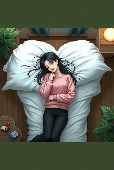 Young adult beauty woman with long black hair, blue eyes, pink sweater and long black trousse, lying on the bed room asleep to night,and look some medicine on side her bed, real photos 8K quality